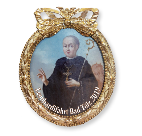 Das Leonhardizeichen 2019: Realistische Darstellung des Heiligen St. Leonhard mit einem Pferdekopf im Hintergrund. Gestaltung: .